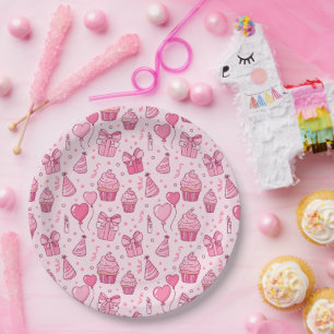 Prato De Papel Pires de papel rosa para aniversário com cupcakes