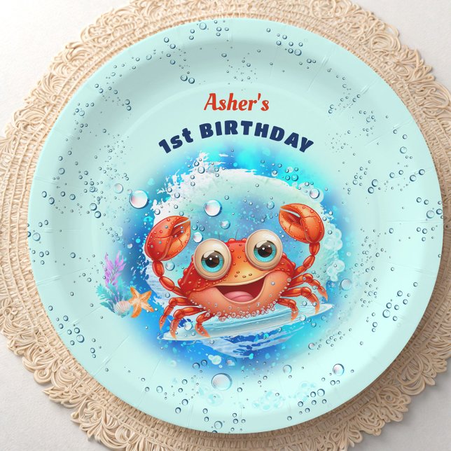 Prato De Papel Piscina De Caranguejo, primeiro aniversario Azul,  (Crab Pool Blue 1st Birthday Party Boy Custom Age Paper Plates)