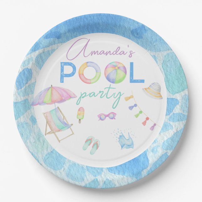 Prato De Papel Piscina de festa de aniversário ao estilo aquarela (Frente)