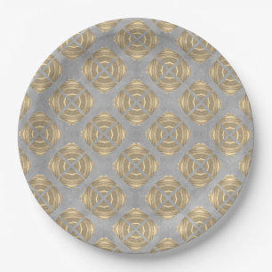 Prato De Papel Pista e Cinza Circular Padrão Geométrico Dourado