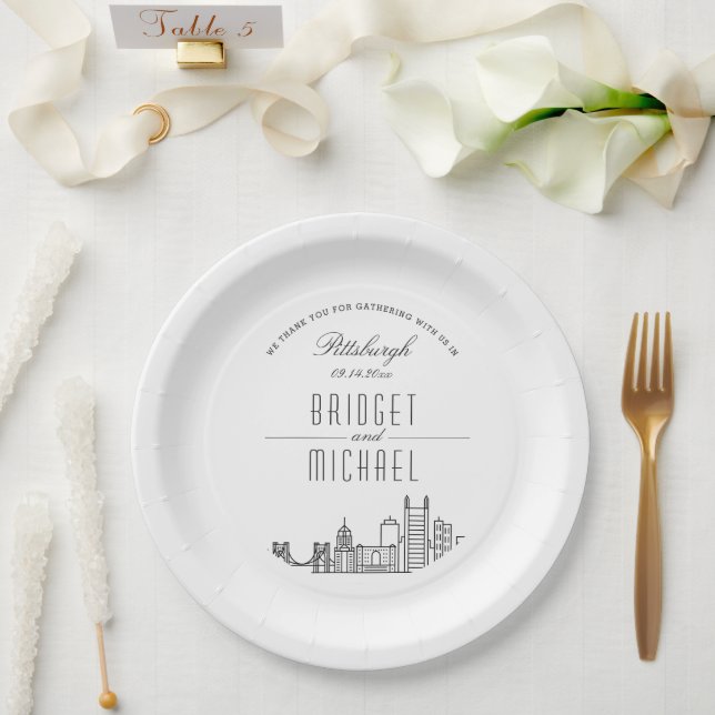 Prato De Papel Pittsburgh Deco Skyline | Evento de Casamento (Casamento)