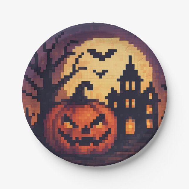 Prato De Papel Pixel Art Halloween Paper Plates (Frente)