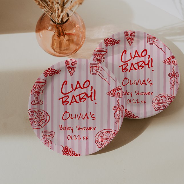 Prato De Papel Pizza Desenhada à Mão Chá de fraldas Vermelho Rosa (Criador carregado)