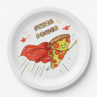 Prato De Papel Pizza Power – Fatia de Pizza Super-Herói Engraçada