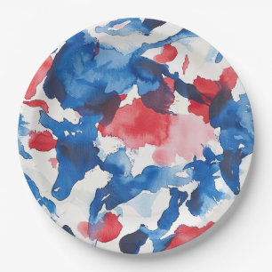 Prato De Papel Placa Abstrato de Cor Vermelha Branca e Azul