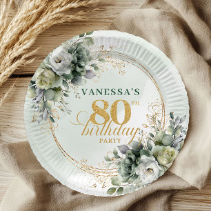Prato De Papel Placa de Aniversário de 80 anos Estilo Boho Folhag