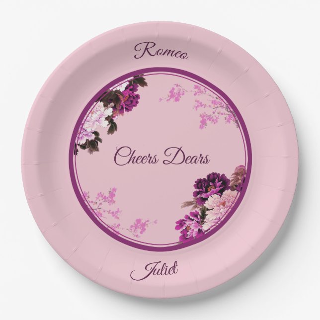 Prato De Papel Placa de Casamento de Anel Floral Roxo (Frente)