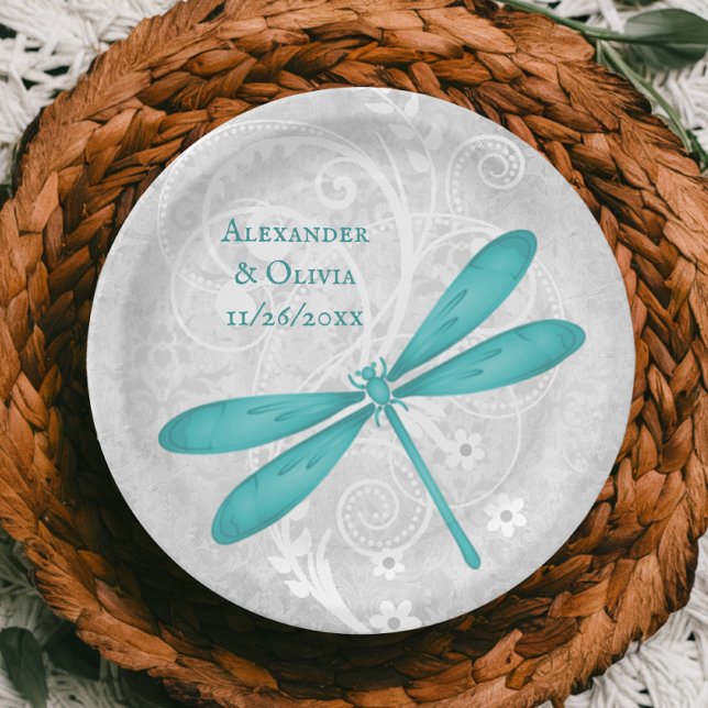 Prato De Papel Placa De Casamento De Dragonfly Teal (Teal Dragonfly Wedding Paper Plate)