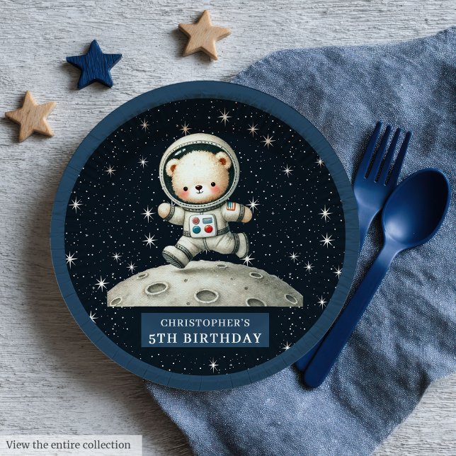 Prato De Papel Placa de Chá de fraldas com Urso de Teddy Espacial (Boy Baby Shower Plate with Space Teddy Bear)