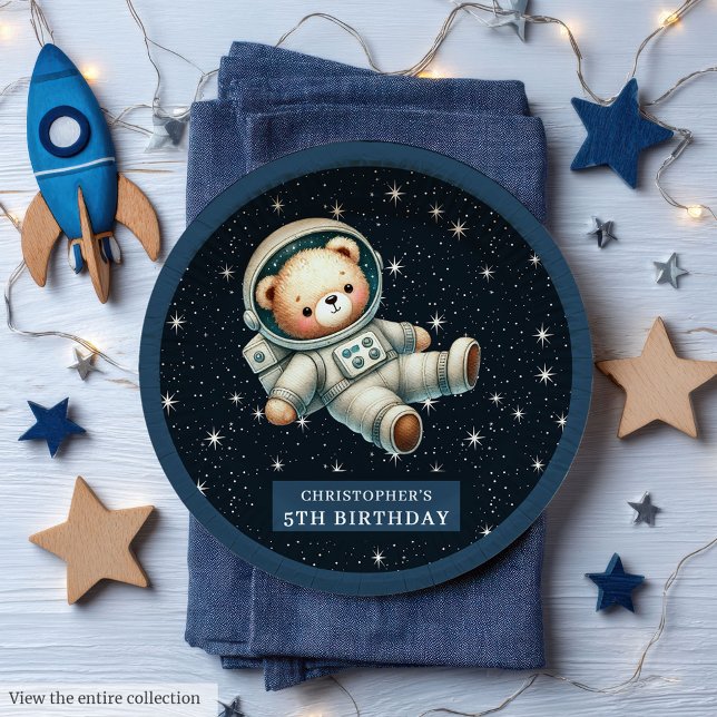 Prato De Papel Placa de Chá de fraldas de Astronauta de Ursinho C (Cute Teddy Astronaut Boy Baby Shower Paper Plate)