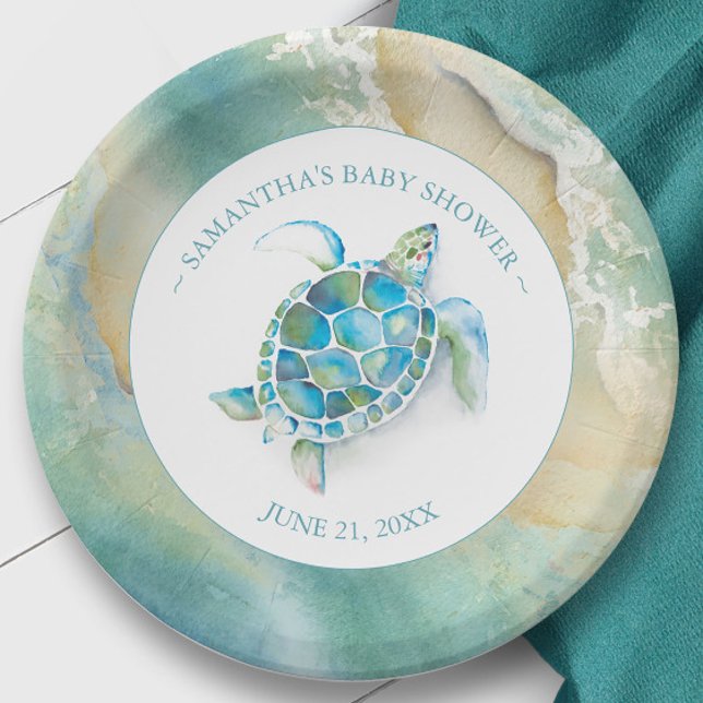 Prato De Papel Placa de Chá de fraldas de Tartaruga Marítima das  (Baby shower party decor sea turtle beach theme art by Victoria Grigaliunas.)