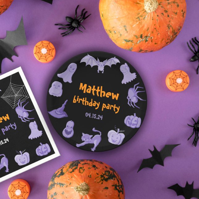 Prato De Papel Placa de festa de aniversário de Halloween preto r (Purple black Halloween birthday party Paper Plate)