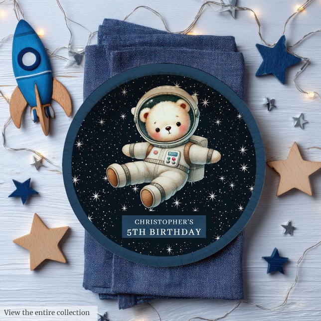 Prato De Papel Placa de Festa de aniversário do Astronauta ursinh (Teddy Astronaut Boy Birthday Party Paper Plate)