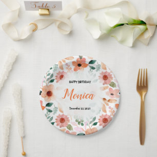 Prato De Papel Placa de Festa de aniversário Floral Nomeada Perso