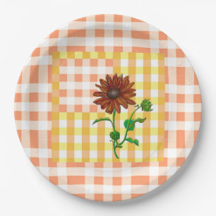 Prato De Papel Placa de girassol de Xadrez laranja
