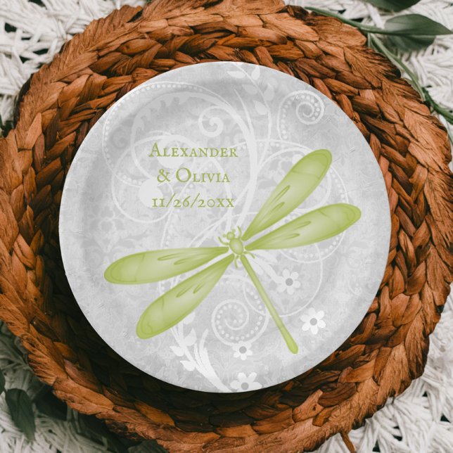 Prato De Papel Placa de Livro Verde (Green Dragonfly Wedding Paper Plate)