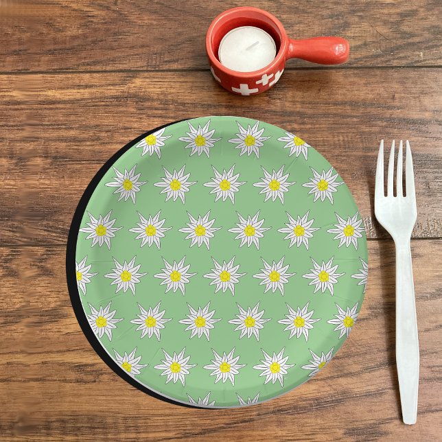 Prato De Papel Placa de Livro Verde Claro com Edelweiss Motif (Light green paper plates with an edelweiss pattern (top view))