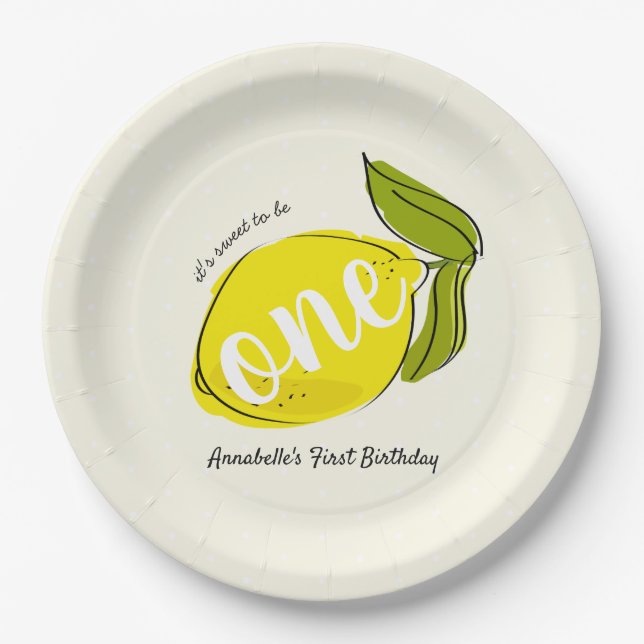 Prato De Papel Placa de papel amarela clara primeiro aniversario- (Frente)