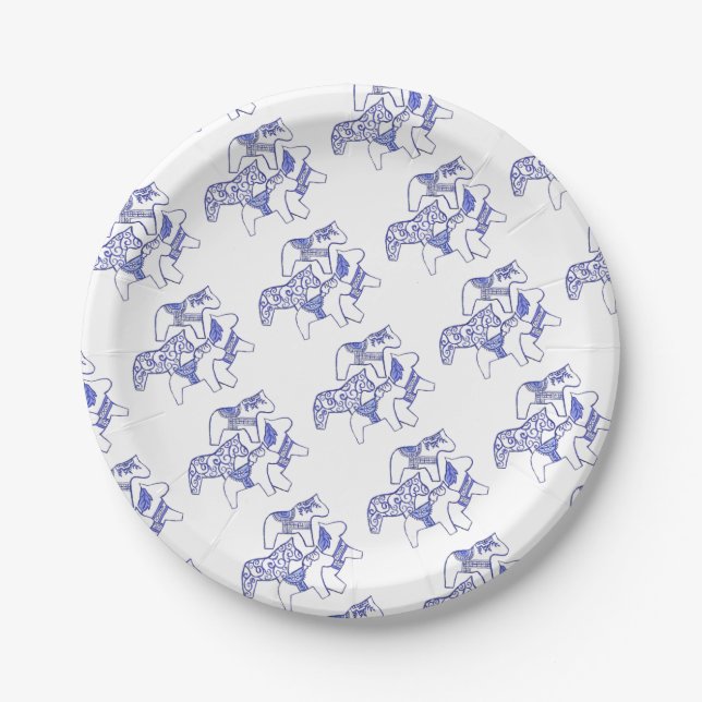 Prato De Papel Placa de papel azul e branco Dala em cavalos (Frente)