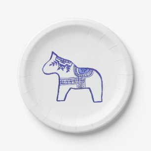 Prato De Papel Placa de papel azul e branco Dala em cavalos