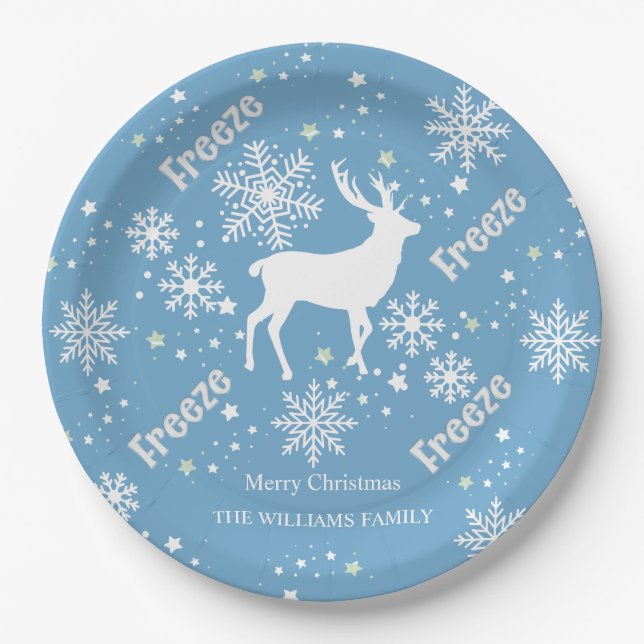 Prato De Papel Placa de Papel Azul Flocos de Neve de Natal (Frente)