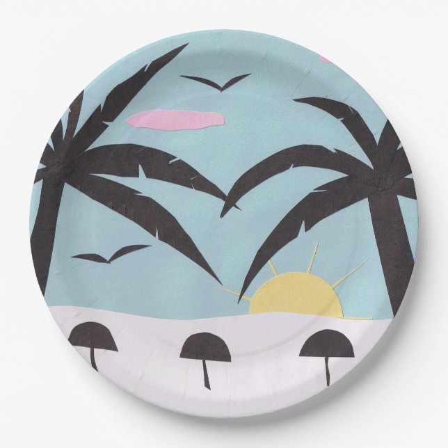 Prato De Papel Placa de Papel com Cena do Sol em Praia (Frente)