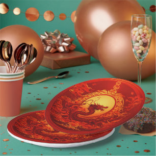 Prato De Papel placa de papel cor vermelha com dragões design