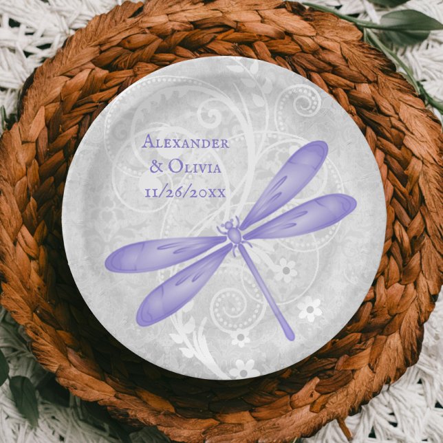 Prato De Papel Placa de Papel de Casamento de Dragonfly Roxa (Purple Dragonfly Wedding Paper Plate)