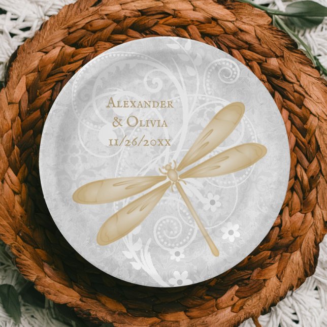 Prato De Papel Placa de Papel de Casamento Dourada Dragonfly (Gold Dragonfly Wedding Paper Plate)