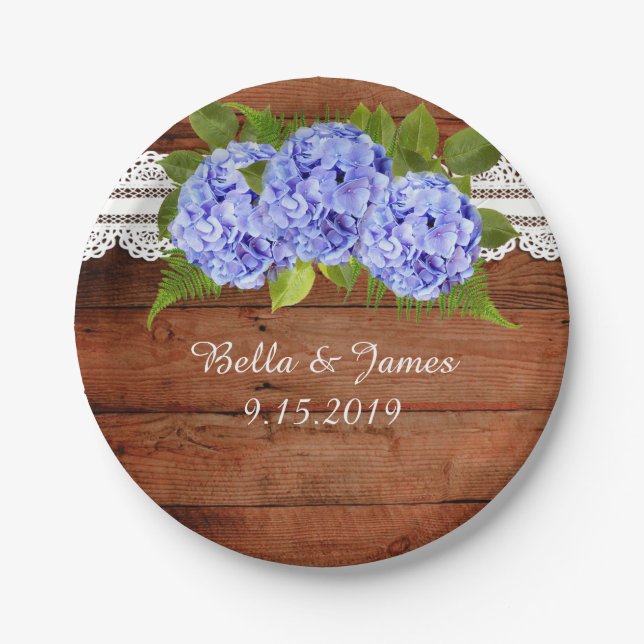 Prato De Papel Placa de Papel de Casamento Rustic Lace Blue Hydra (Frente)