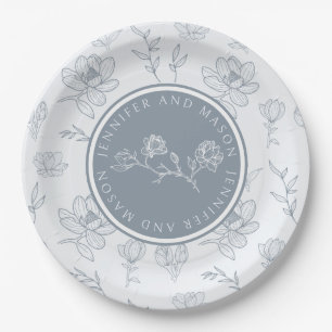 Prato De Papel Placa de papel de noiva de magnólia floral azul Du