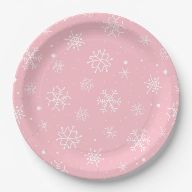 Prato De Papel Placa de papel em flocos de neve, rosa e branco (Frente)
