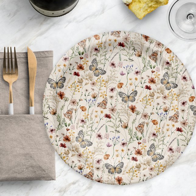 Prato De Papel Placa de Papel Floral Boho (Boho Floral Paper Plate with Butterflies by Painted Paperie
)