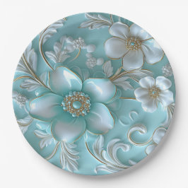 Prato De Papel Placa de Papel Floral Branco Teal