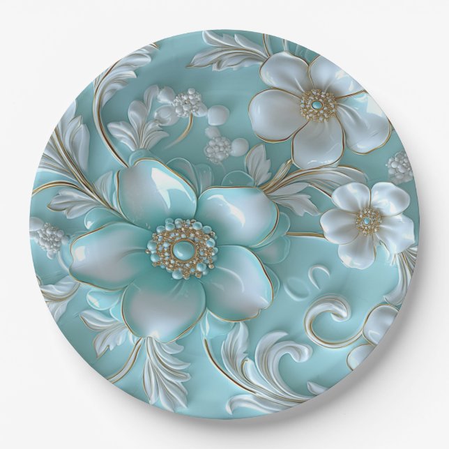 Prato De Papel Placa de Papel Floral Branco Teal (Frente)