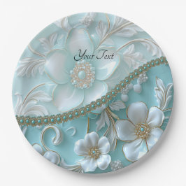 Prato De Papel Placa de Papel Floral Branco Teal