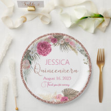 Placa de Papel Floral de Quinceanera Rosa Dourada 