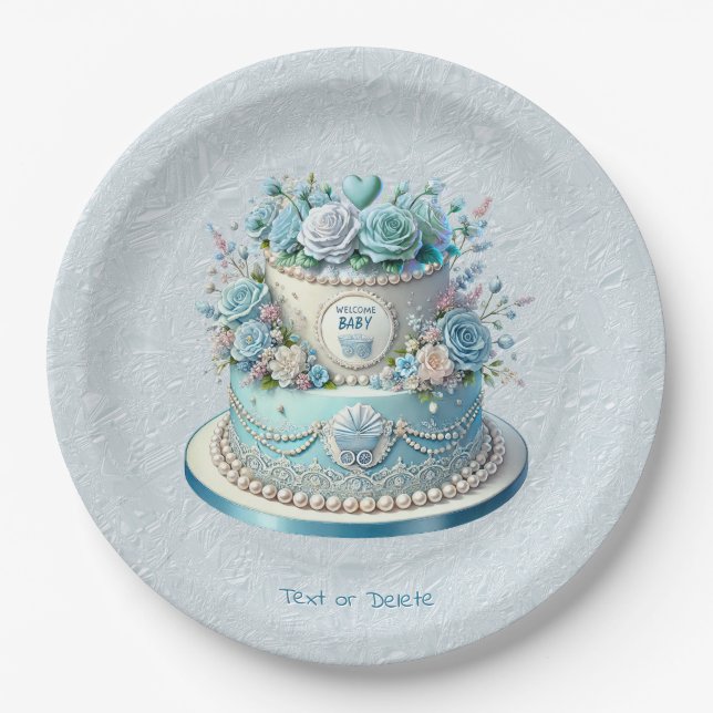 Prato De Papel Placa de papel Flores de Bolo Azul (Frente)