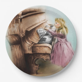 Prato De Papel Placa de papel ilustrada colorida - Garota Piano