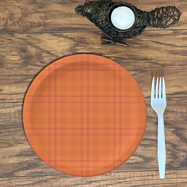 Prato De Papel Placa de Papel Padrão de Tartan Laranja (Round orange Tartan pattern paper plate .)