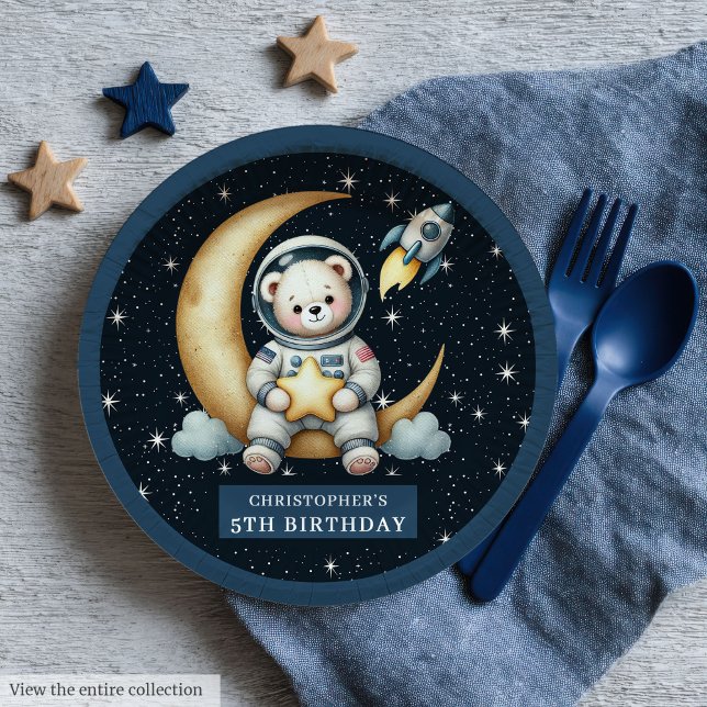 Prato De Papel Placa de papel para Chá de fraldas espacial do Ast (Teddy Bear Astronaut Space Baby Shower Paper Plates)