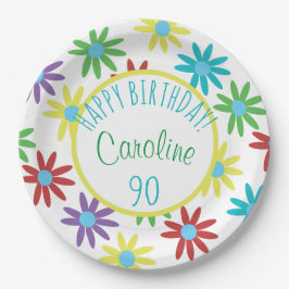 Prato De Papel Placa de Papel Personalizada Floral de 90 Birthday