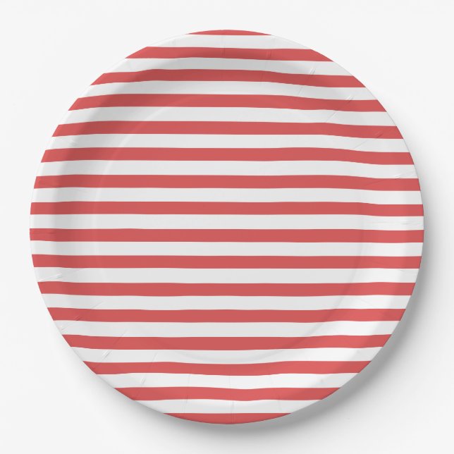 Prato De Papel Placa de papel Preppy Red & White Stripe (Frente)