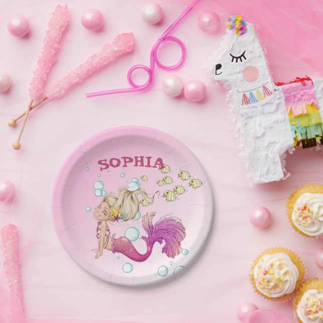 Prato De Papel Placa de papel, rosa, rosa-branca, Sereia (Festa)