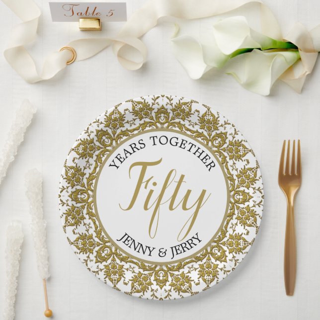 Prato De Papel Placa de publicação de aniversário branco e Dourad (Casamento)