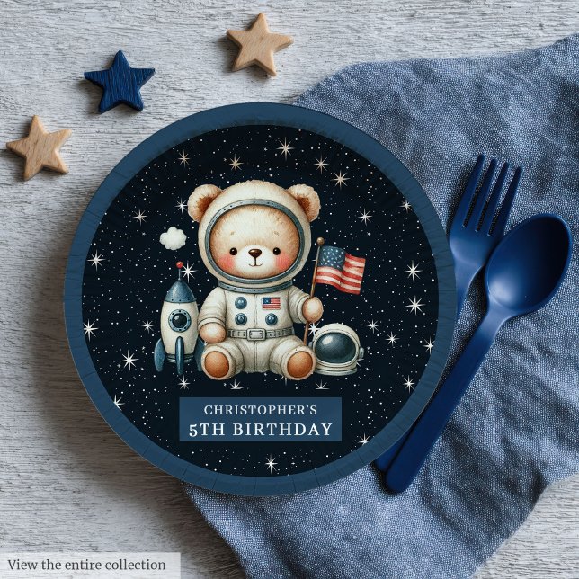 Prato De Papel Placa de Urso Espacial Personalizada para Chá de M (Custom Space Bear Plate for Baby Boy Shower)