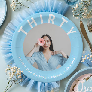 Prato De Papel Placas de aniversário de 30 anos azul-céu editávei