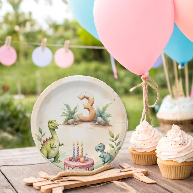 Prato De Papel Placas De aniversário de 3 anos De Dinossauro Três (Criador carregado)