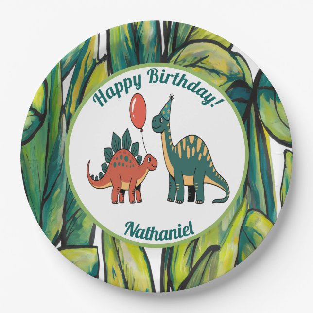Prato De Papel Placas de Aniversário de criança do Dinossauro (Frente)