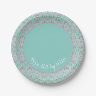 Prato De Papel Placas de Aniversário Feliz, Rosa-Teal e Branca